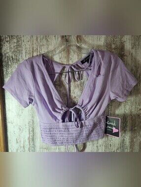 Lavender Lilac Tie-Front Ribbed Crop V-Neck Smock Waist Top by Mixed Threads LA